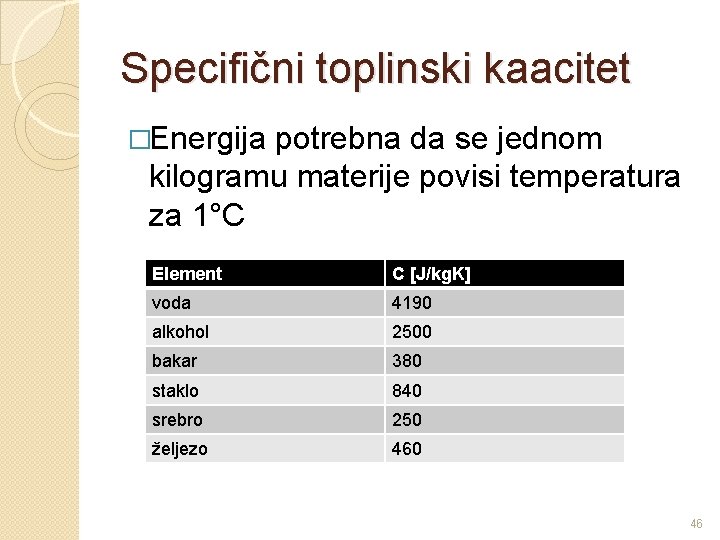 Specifični toplinski kaacitet �Energija potrebna da se jednom kilogramu materije povisi temperatura za 1°C