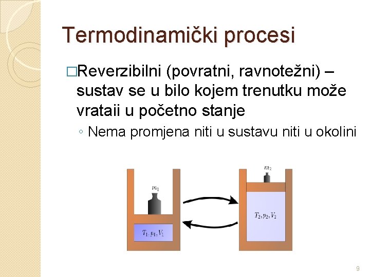 Termodinamički procesi �Reverzibilni (povratni, ravnotežni) – sustav se u bilo kojem trenutku može vrataii