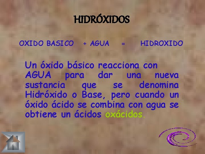 HIDRÓXIDOS OXIDO BASICO + AGUA = HIDROXIDO Un óxido básico reacciona con AGUA para