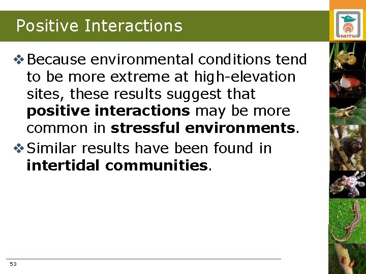 Positive Interactions v Because environmental conditions tend to be more extreme at high-elevation sites,