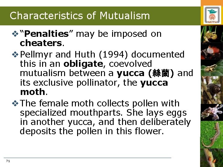 Characteristics of Mutualism v “Penalties” may be imposed on cheaters. v Pellmyr and Huth