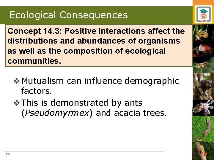 Ecological Consequences Concept 14. 3: Positive interactions affect the distributions and abundances of organisms