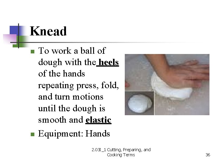 Knead n n To work a ball of dough with the heels of the