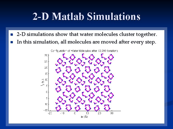 2 -D Matlab Simulations n n 2 -D simulations show that water molecules cluster
