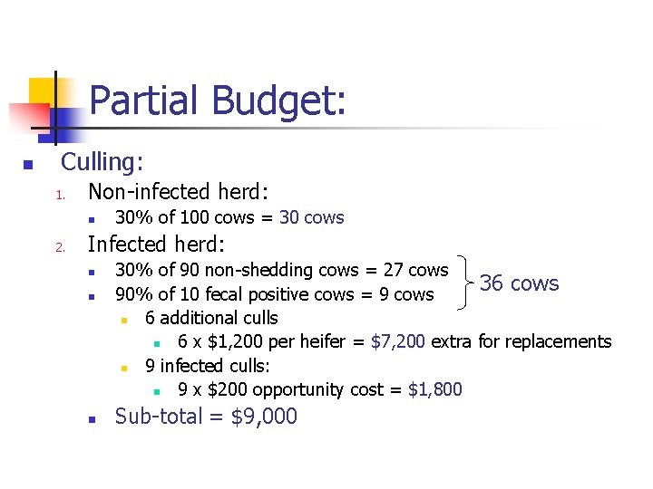 Partial Budget: n Culling: 1. Non-infected herd: n 2. 30% of 100 cows =