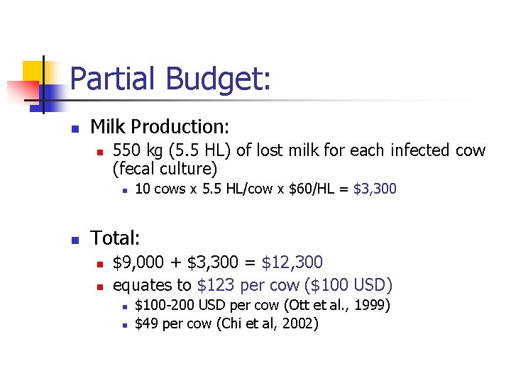 Partial Budget: n Milk Production: n 550 kg (5. 5 HL) of lost milk