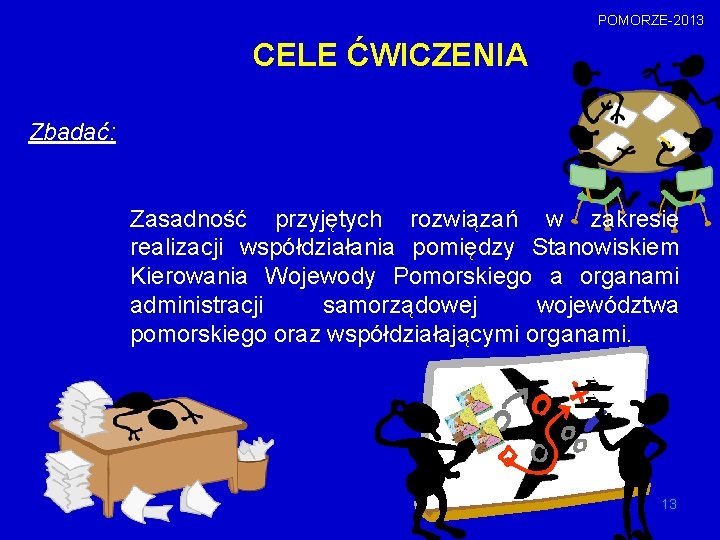 POMORZE-2013 CELE ĆWICZENIA Zbadać: Zasadność przyjętych rozwiązań w zakresie realizacji współdziałania pomiędzy Stanowiskiem Kierowania