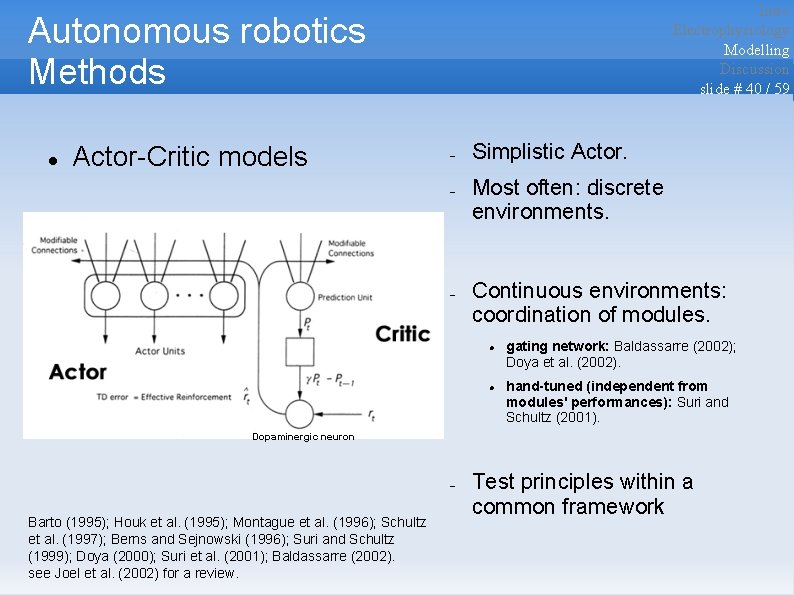 Intro Electrophysiology Modelling Discussion slide # 40 / 59 Autonomous robotics Methods Actor-Critic models