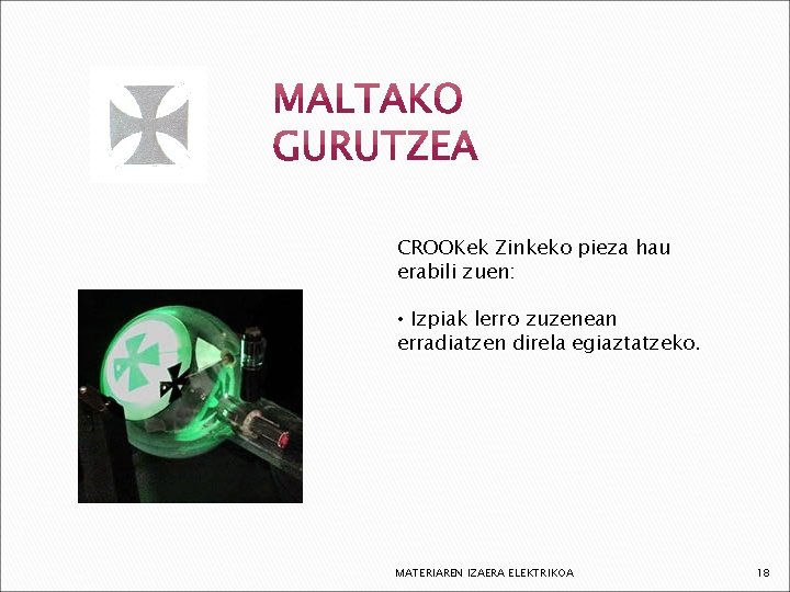 CROOKek Zinkeko pieza hau erabili zuen: • Izpiak lerro zuzenean erradiatzen direla egiaztatzeko. MATERIAREN