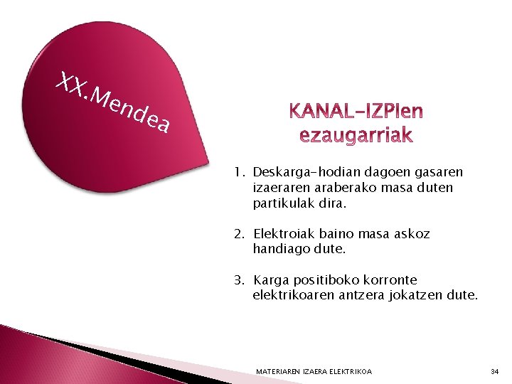 XX. Me nd ea 1. Deskarga-hodian dagoen gasaren izaeraren araberako masa duten partikulak dira.