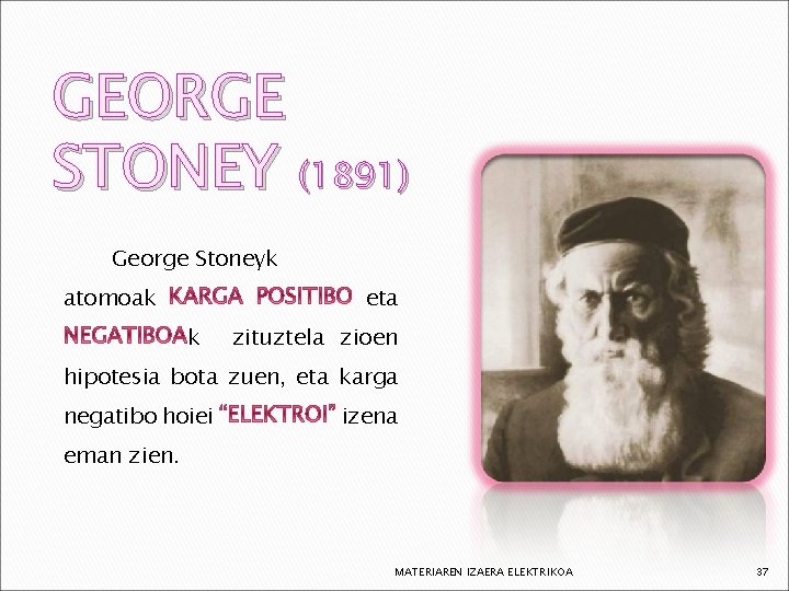 GEORGE STONEY (1891) George Stoneyk atomoak eta k zituztela zioen hipotesia bota zuen, eta