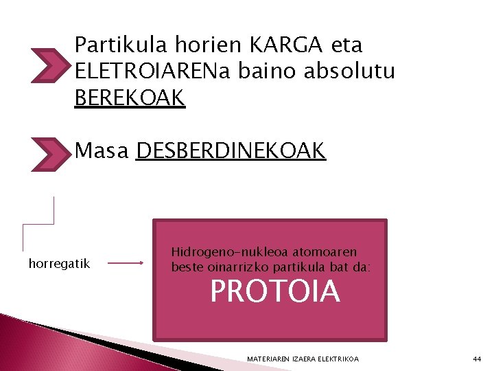 Partikula horien KARGA eta ELETROIARENa baino absolutu BEREKOAK Masa DESBERDINEKOAK horregatik Hidrogeno-nukleoa atomoaren beste