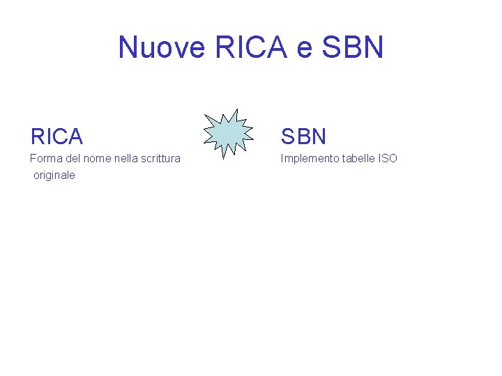 Nuove RICA e SBN RICA SBN Forma del nome nella scrittura originale Implemento tabelle