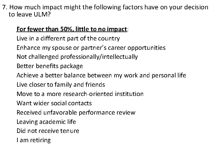 7. How much impact might the following factors have on your decision to leave