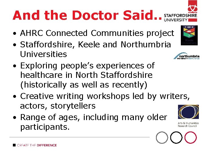 And the Doctor Said. . • AHRC Connected Communities project • Staffordshire, Keele and