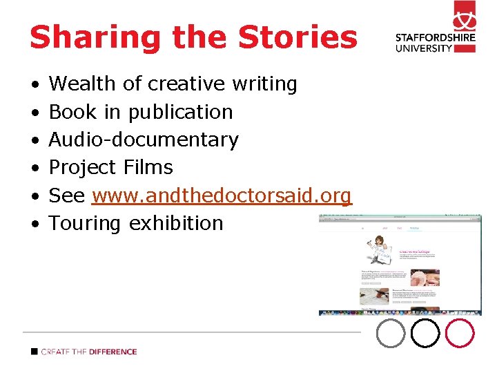 Sharing the Storiesw • • • Wealth of creative writing Book in publication Audio-documentary