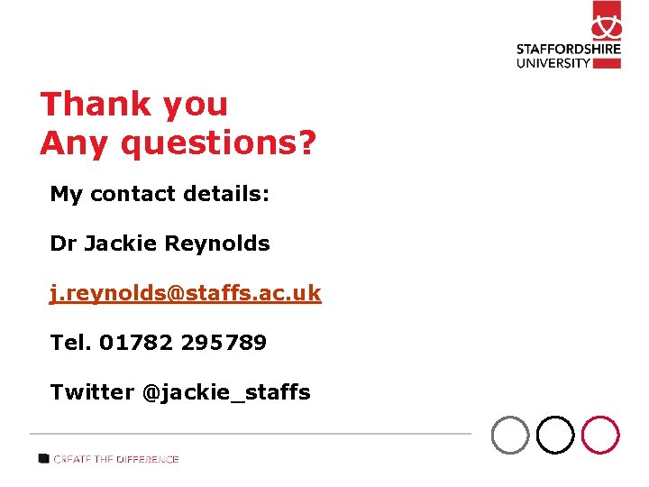 Thank you Any questions? wi My contact details: Dr Jackie Reynolds j. reynolds@staffs. ac.