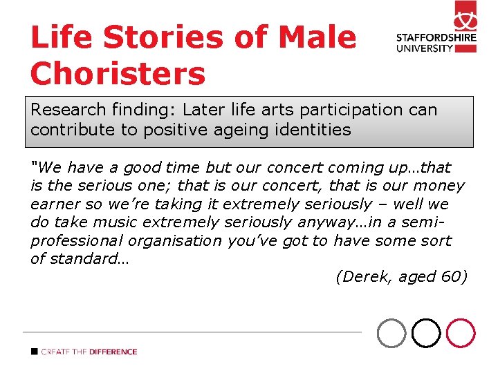 Life Stories of Male Choristers Research finding: Later life arts participation can contribute to