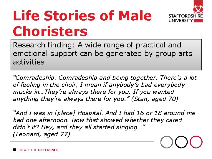 Life Stories of Male Choristers Research finding: A wide range of practical and emotional