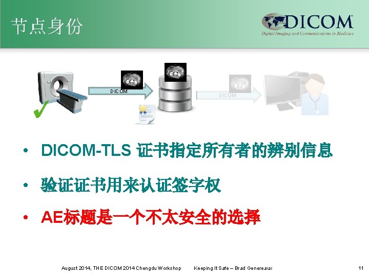 节点身份 DICOM • DICOM-TLS 证书指定所有者的辨别信息 • 验证证书用来认证签字权 • AE标题是一个不太安全的选择 August 2014, THE DICOM 2014