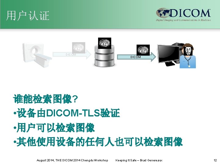 用户认证 DICOM 谁能检索图像? • 设备由DICOM-TLS验证 • 用户可以检索图像 • 其他使用设备的任何人也可以检索图像 August 2014, THE DICOM 2014