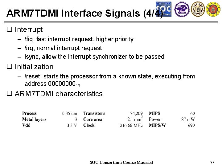 ARM 7 TDMI Interface Signals (4/4) q Interrupt – fiq, fast interrupt request, higher