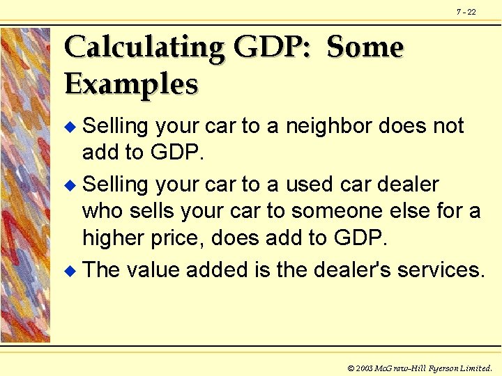 7 - 22 Calculating GDP: Some Examples Selling your car to a neighbor does