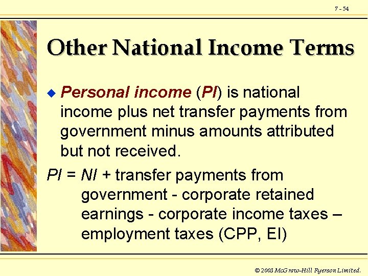 7 - 54 Other National Income Terms Personal income (PI) is national income plus