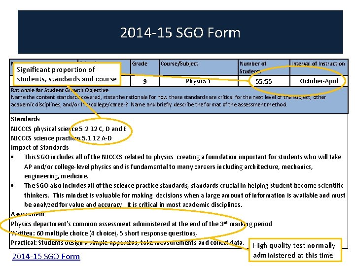 2014 -15 SGO Form Name School Significant proportion of students, standards and course Grade