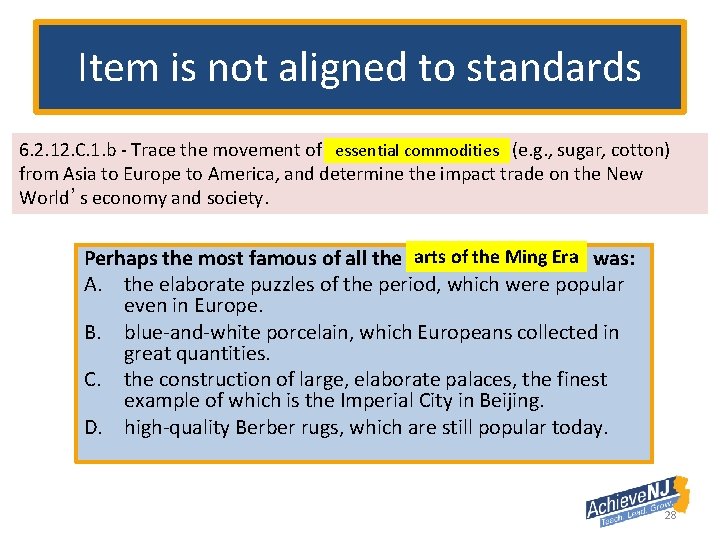 Item is not aligned to standards 6. 2. 12. C. 1. b - Trace