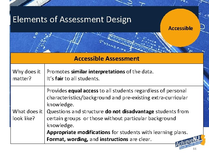 Elements of Assessment Design Accessible Assessment Why does it matter? Promotes similar interpretations of