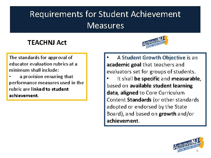 Requirements for Student Achievement Measures TEACHNJ Act The standards for approval of educator evaluation