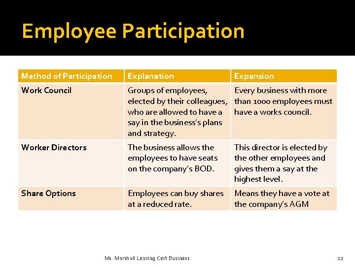 Employee Participation Method of Participation Explanation Work Council Groups of employees, Every business with