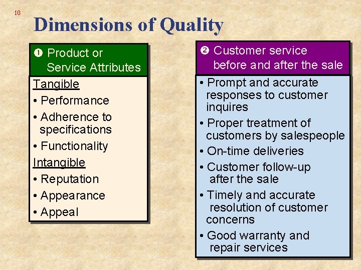 10 Dimensions of Quality Product or Service Attributes Tangible • Performance • Adherence to 10 Dimensions of Quality Product or Service Attributes Tangible • Performance • Adherence to