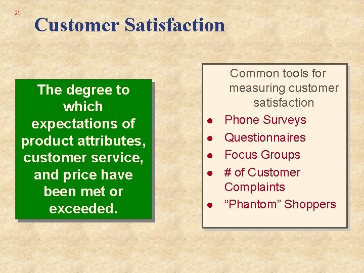 21 Customer Satisfaction The degree to which expectations of product attributes, customer service, and 21 Customer Satisfaction The degree to which expectations of product attributes, customer service, and