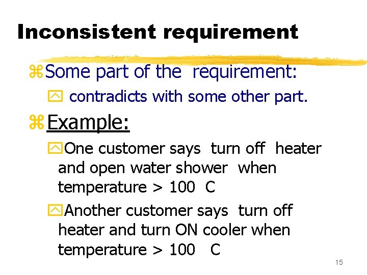 Inconsistent requirement z. Some part of the requirement: y contradicts with some other part.