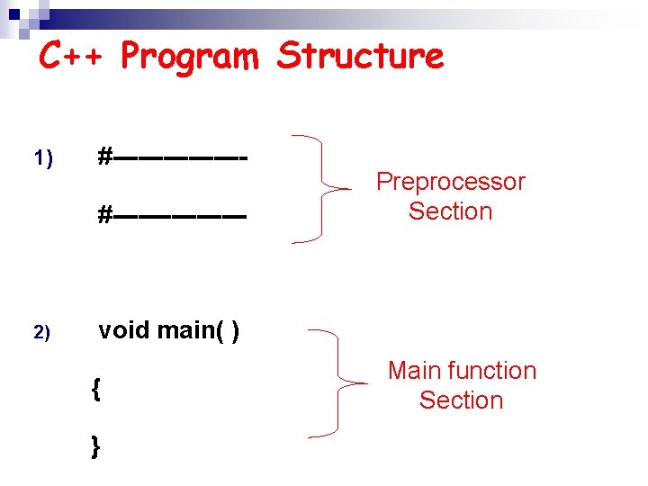 C++ Program Structure 1) #---------------- 2) Preprocessor Section void main( ) { } Main