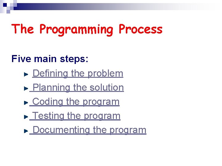 The Programming Process Five main steps: Defining the problem Planning the solution Coding the