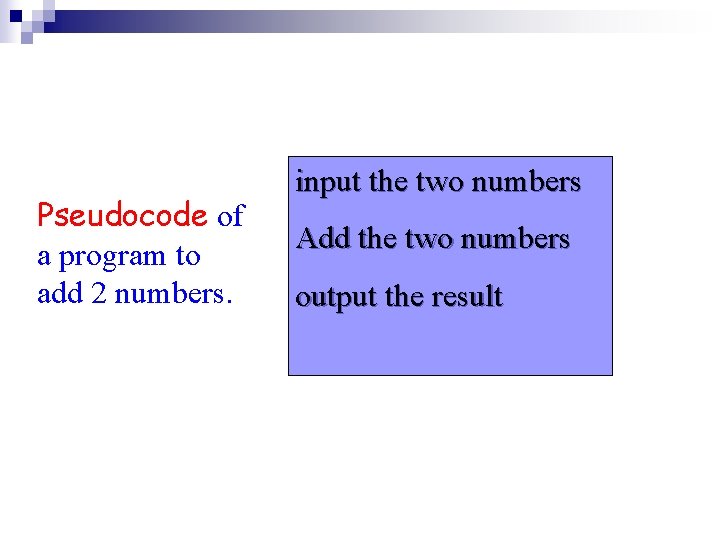 Pseudocode of a program to add 2 numbers. input the two numbers Add the