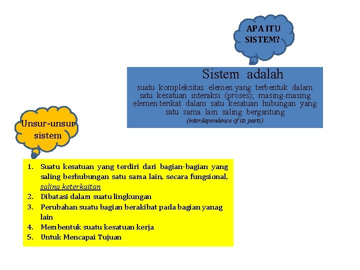  APA ITU SISTEM? Sistem adalah suatu kompleksitas elemen yang terbentuk dalam satu kesatuan