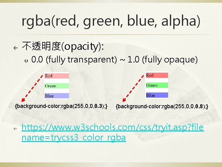 rgba(red, green, blue, alpha) ß 不透明度(opacity): Þ 0. 0 (fully transparent) ~ 1. 0