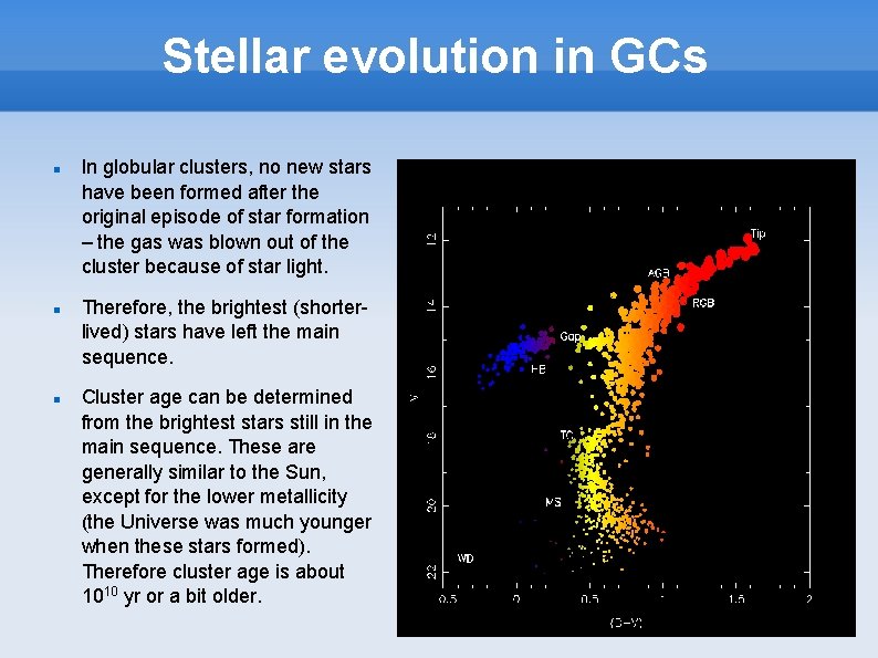 Stellar evolution in GCs In globular clusters, no new stars have been formed after