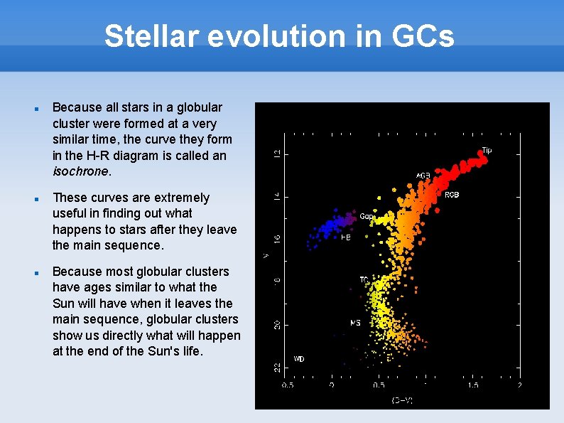 Stellar evolution in GCs Because all stars in a globular cluster were formed at