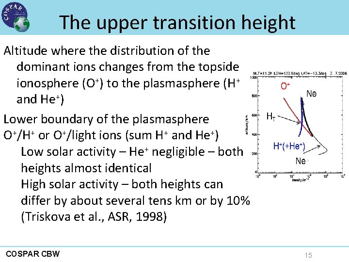 The upper transition height Altitude where the distribution of the dominant ions changes from