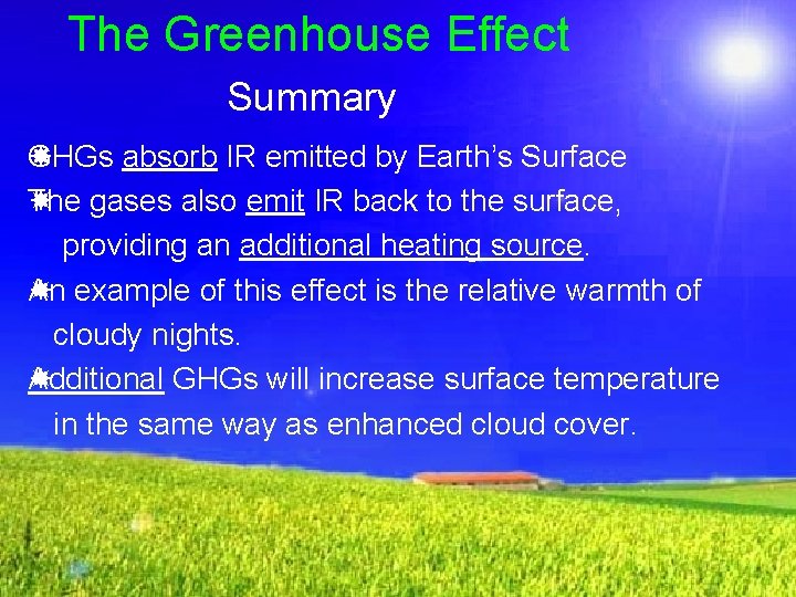 The Greenhouse Effect Summary HGs absorb IR emitted by Earth’s Surface G The gases