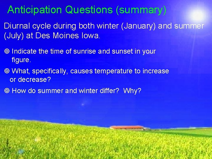 Anticipation Questions (summary) Diurnal cycle during both winter (January) and summer (July) at Des