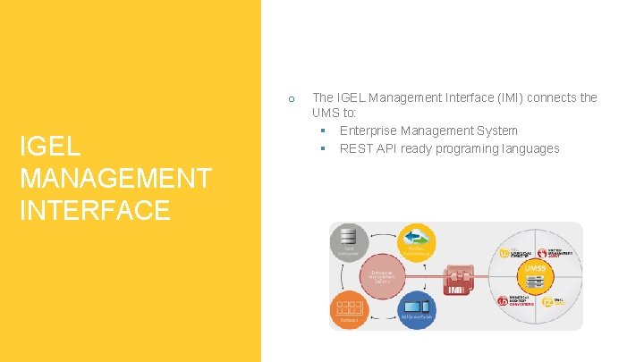 o IGEL MANAGEMENT INTERFACE The IGEL Management Interface (IMI) connects the UMS to: §