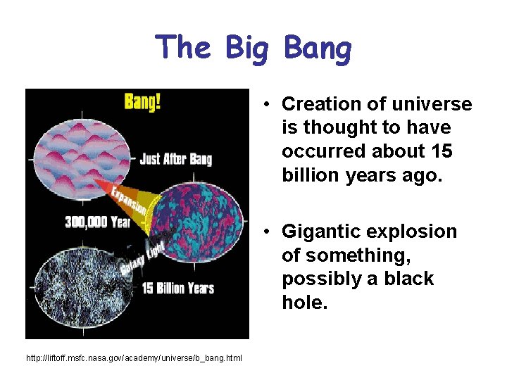 The Big Bang • Creation of universe is thought to have occurred about 15