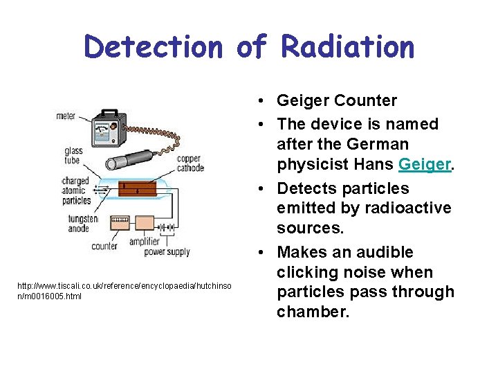 Detection of Radiation http: //www. tiscali. co. uk/reference/encyclopaedia/hutchinso n/m 0016005. html • Geiger Counter
