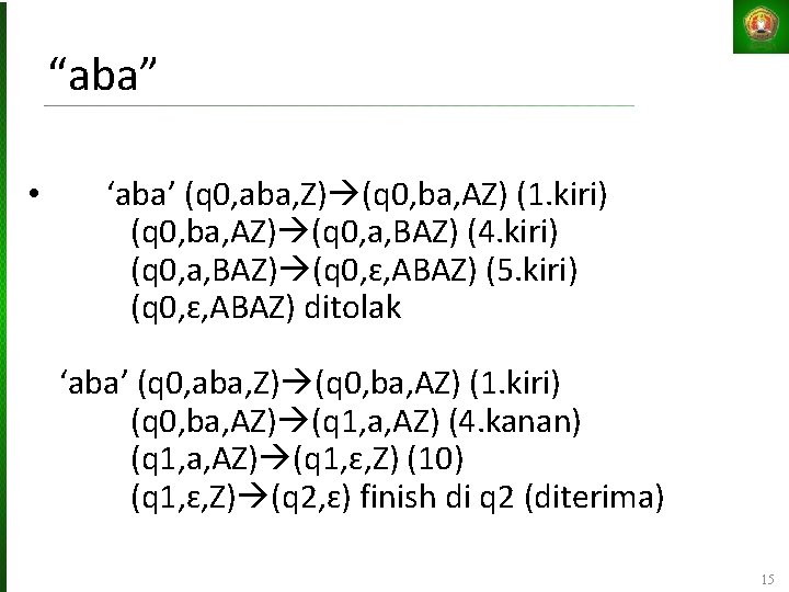 “aba” • ‘aba’ (q 0, aba, Z) (q 0, ba, AZ) (1. kiri) (q